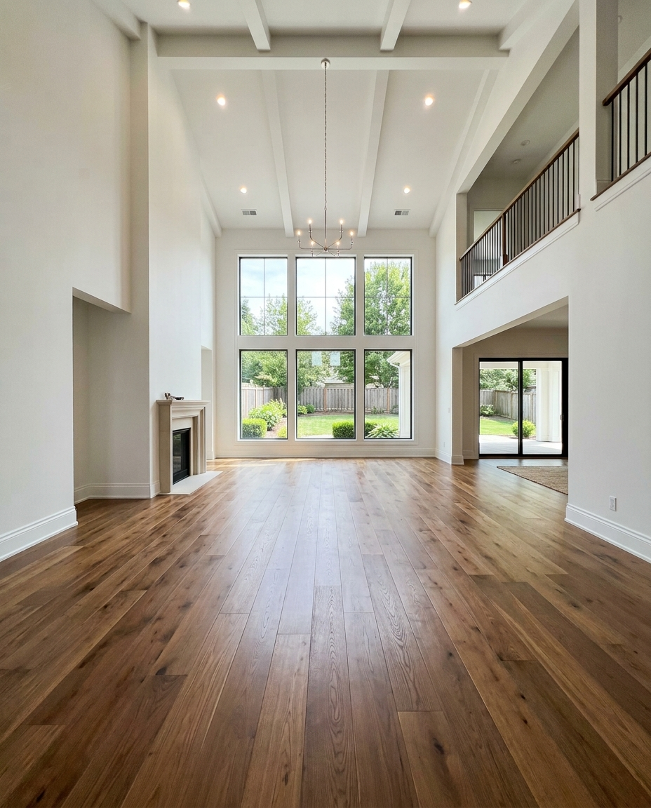 Wide oak planks across a newly finished open-concept great room