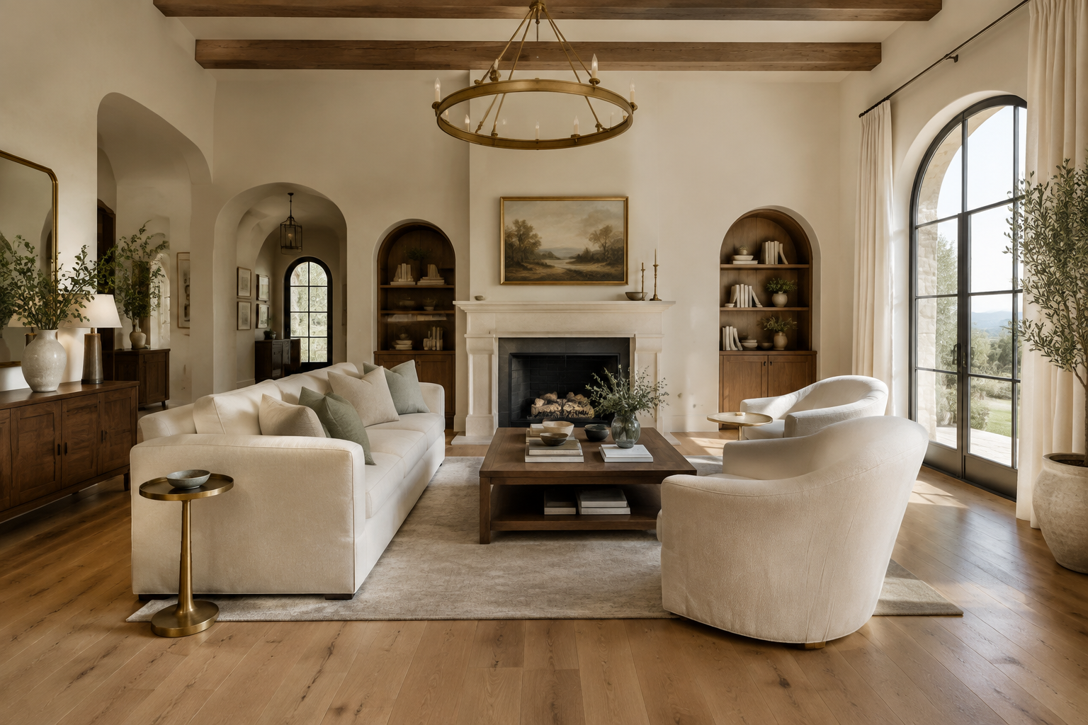 A refined living room with newly finished warm oak flooring