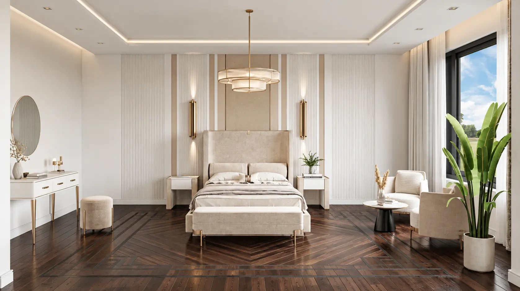 Elegant primary bedroom with dark herringbone hardwood flooring