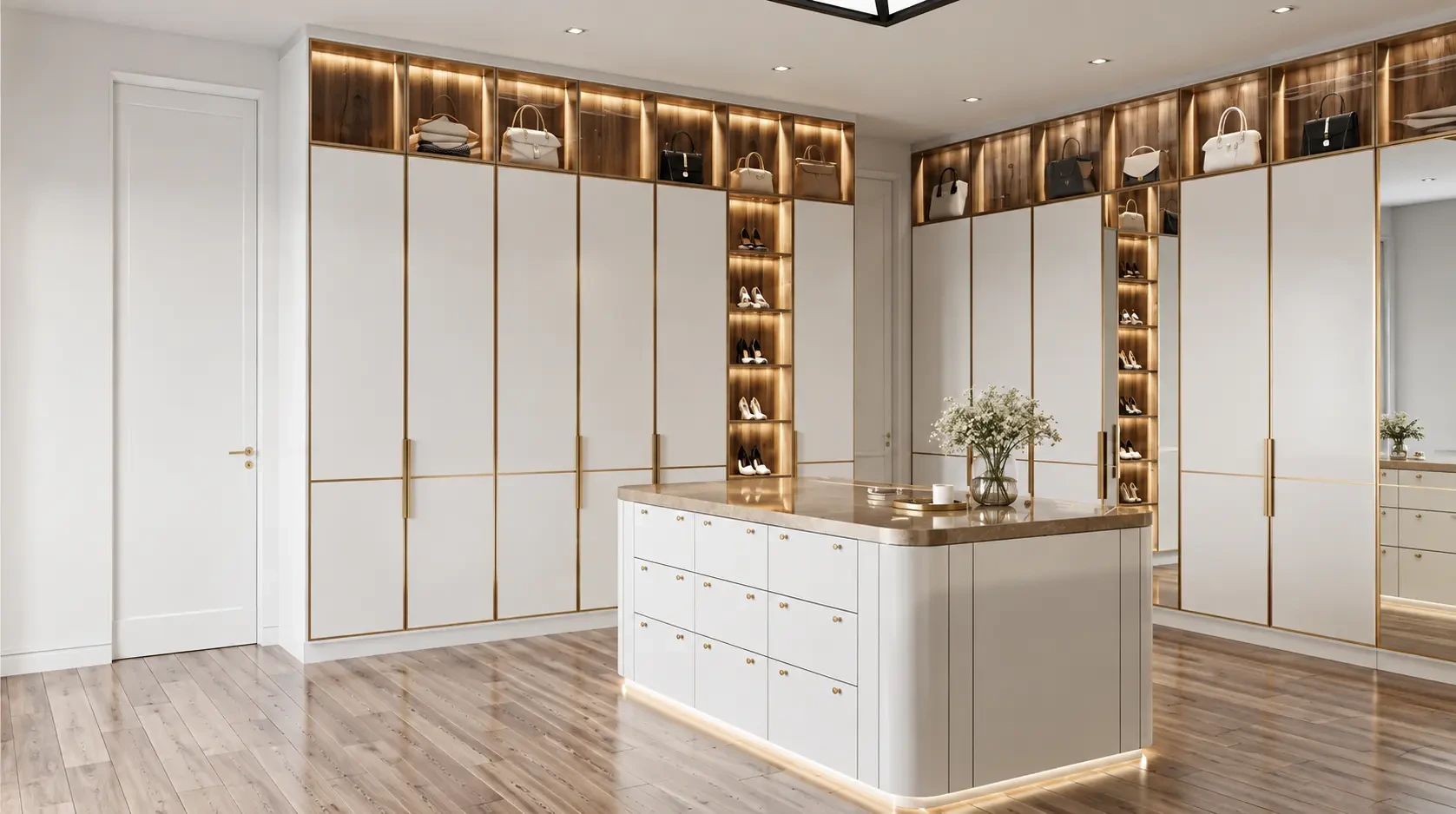 Walk-in closet with light wood-look laminate flooring