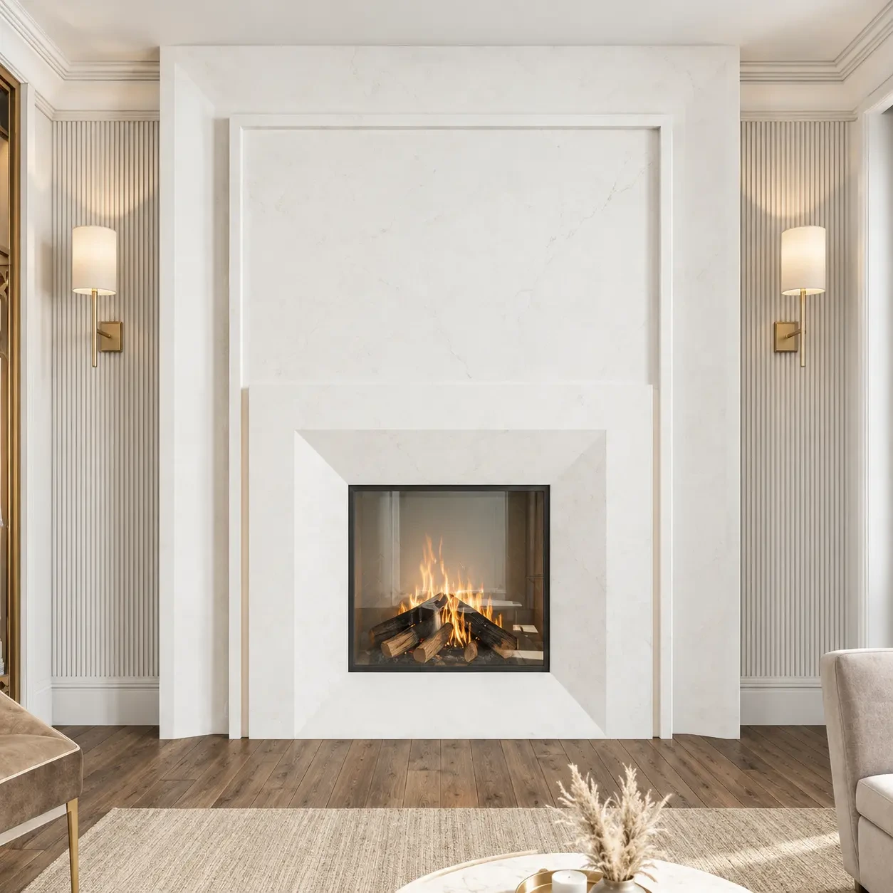 Bright living room with marble fireplace and rich hardwood floors