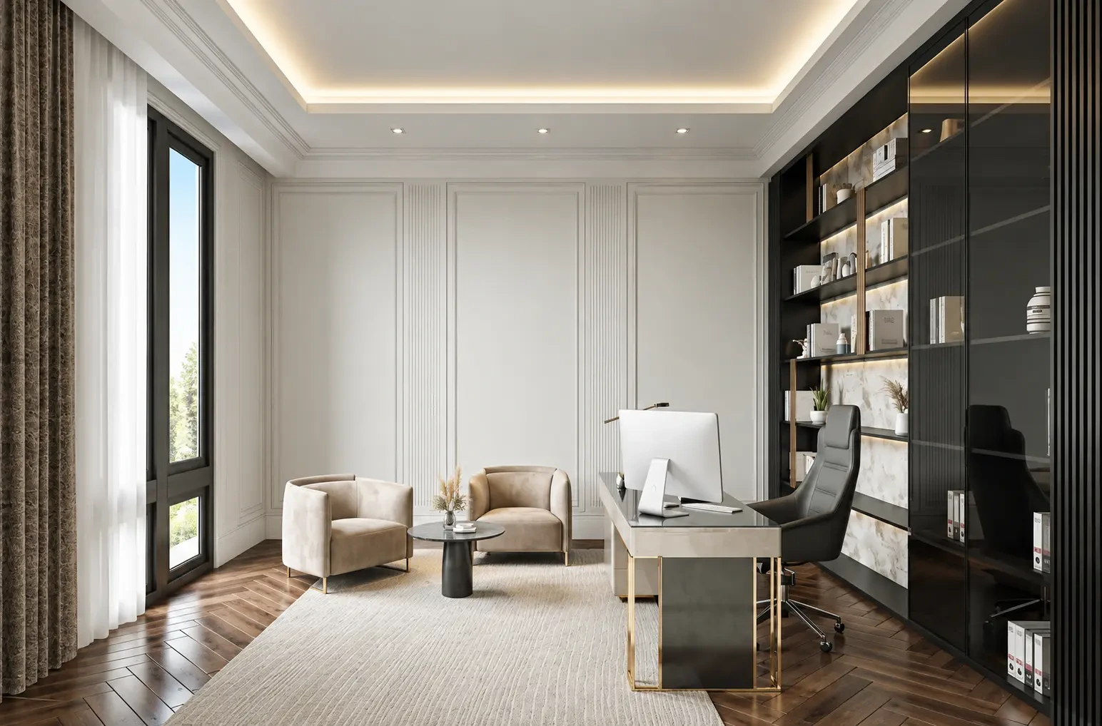 Executive home office with herringbone hardwood floors