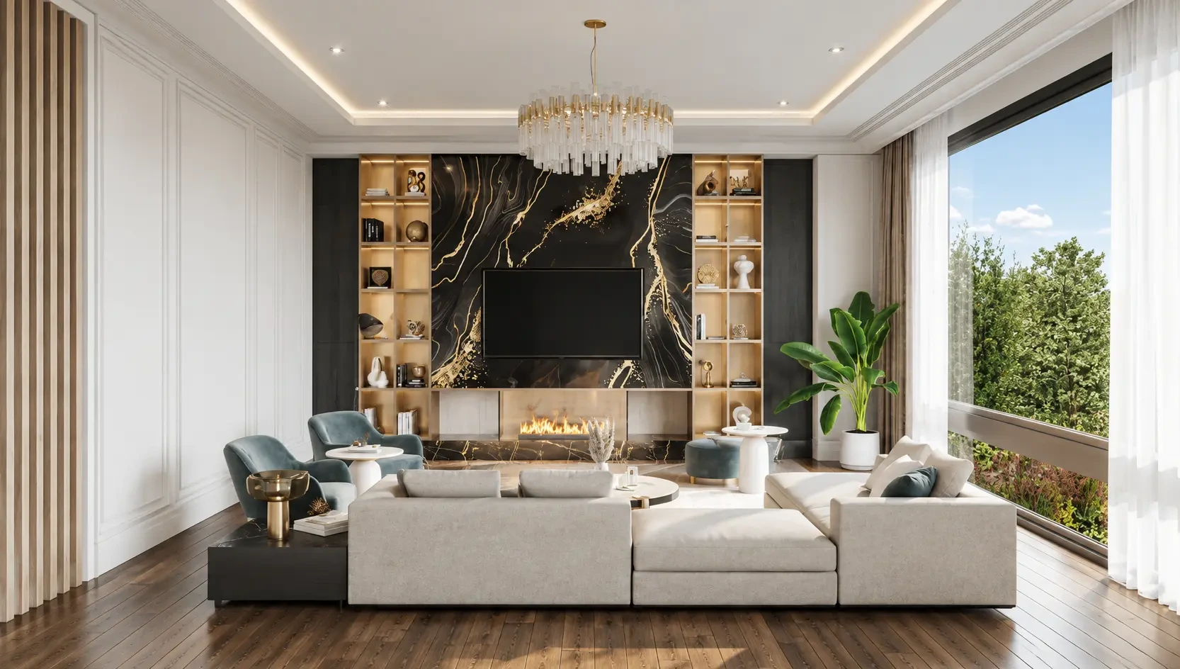 Modern living room with wood-look luxury vinyl flooring