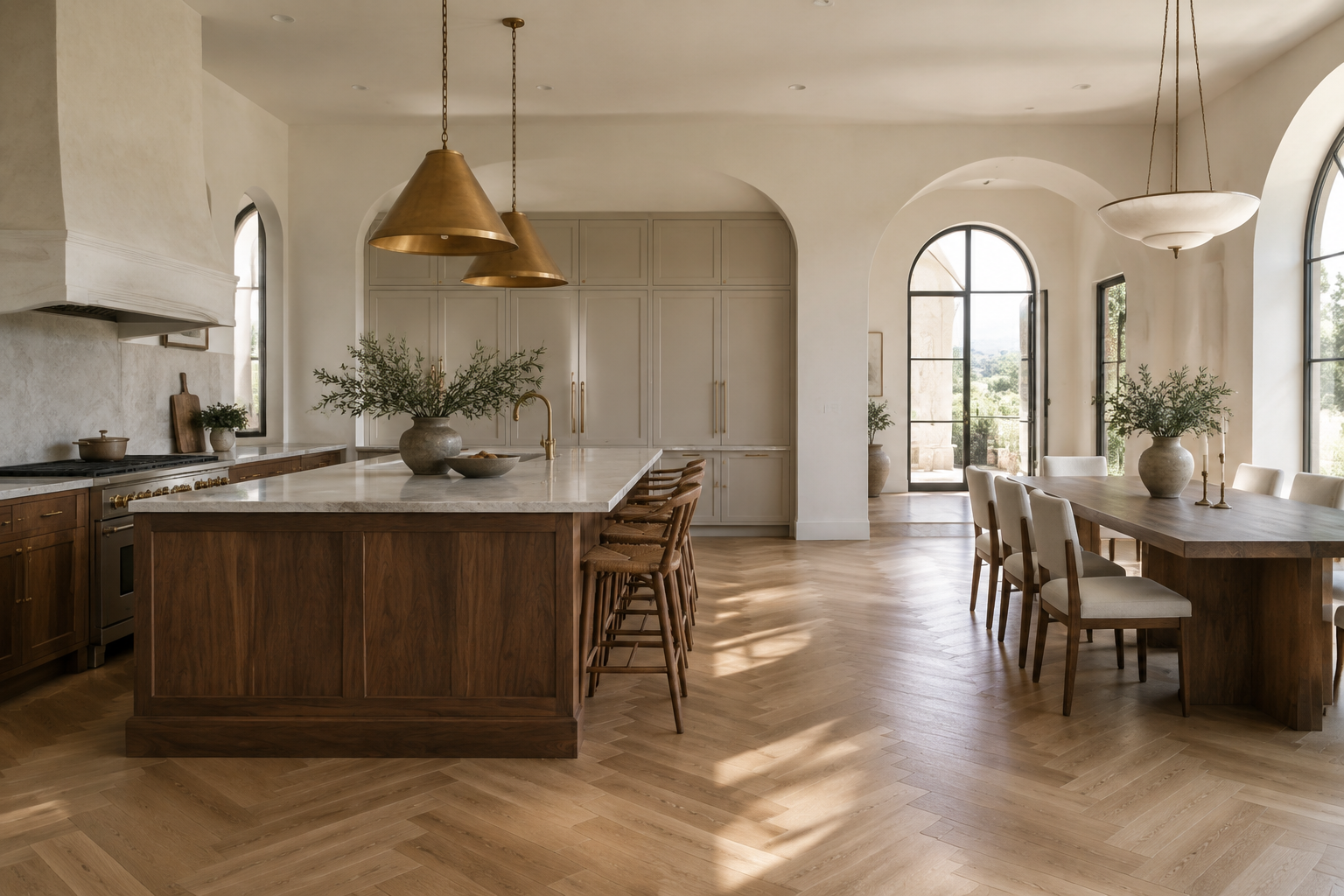 Refined kitchen with custom herringbone oak flooring